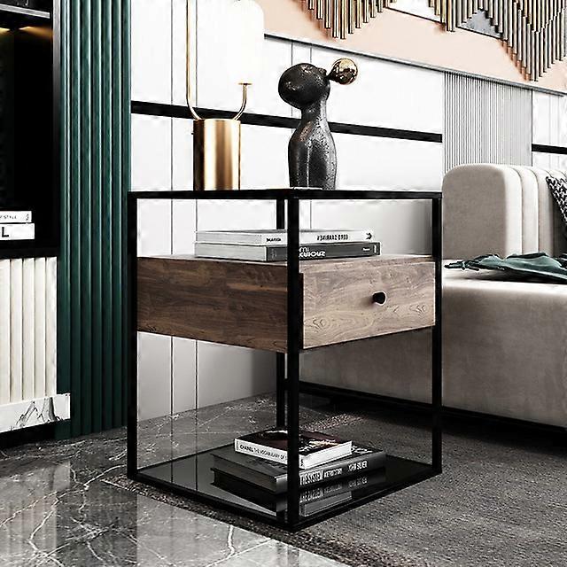 2 Tier Tempered Glass End Table with Drawer Living Room  Sofa Side Coffee Table