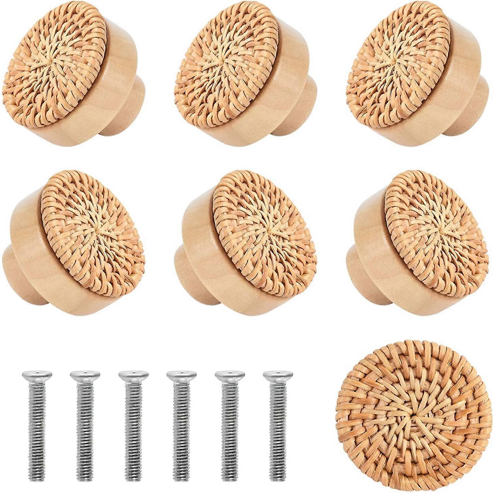 6PCS Retro Rattan Drawer Knobs Handmade Woven Boho Furniture Knobs for Home