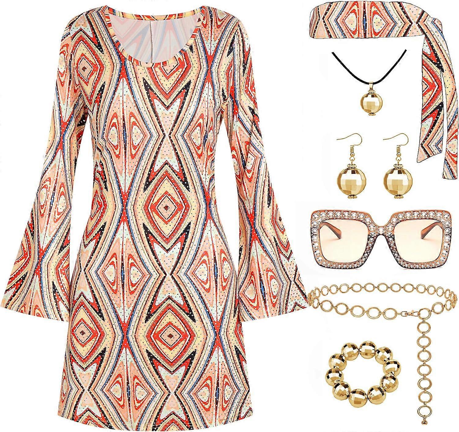 70-luvun diskoasu naiset, 7 kpl 70-luvun diskopuku hippi vaatteet asusteet korut halloween