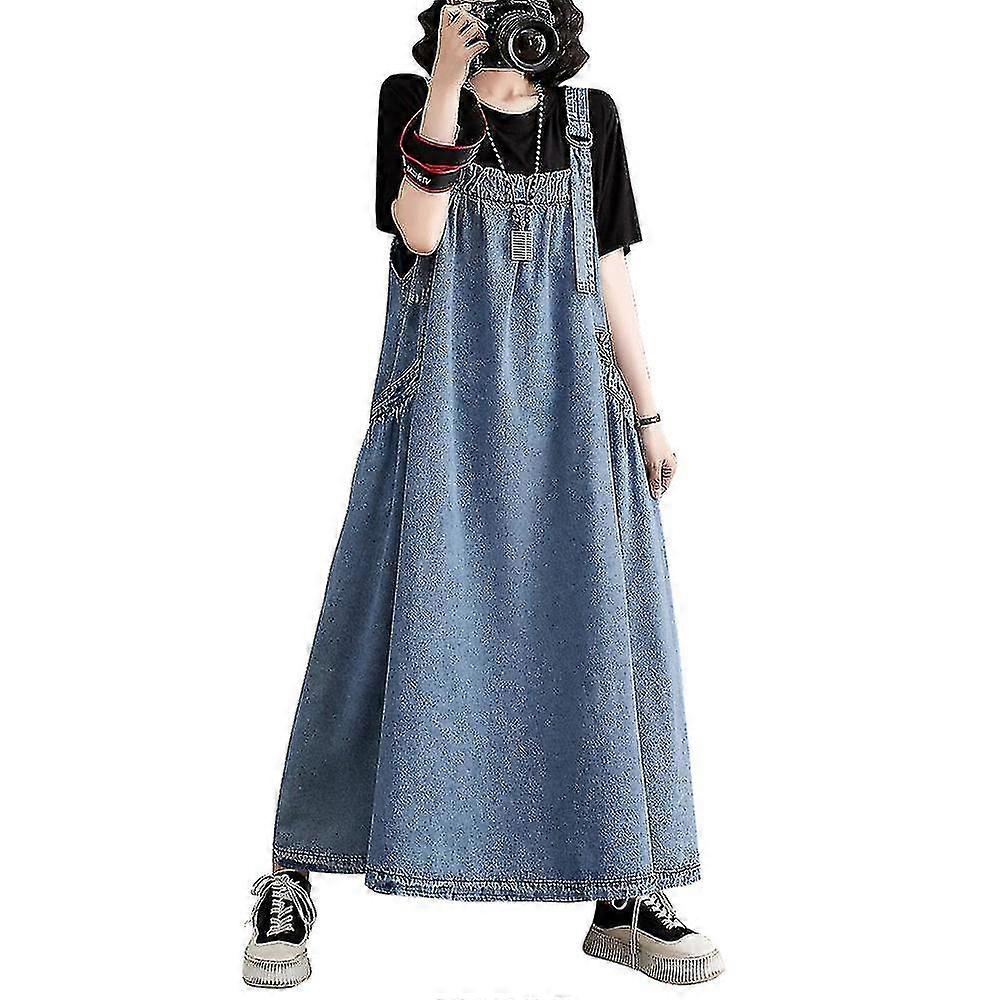 فستان نسائي من قماش الدنيم بأكمام طويلة وحمالات قابلة للتعديل مع جيوب، فستان فضفاض أزرق داكن مقاس 2XL