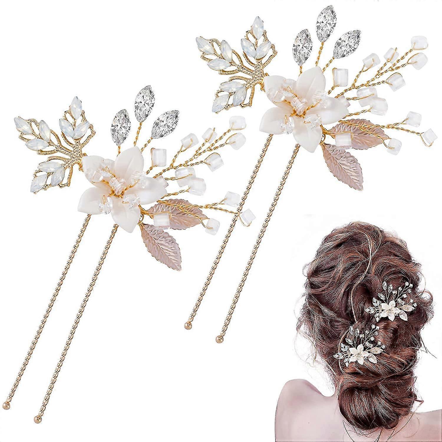 Flower Wedding Hair Pins, 2pcs Rhinestones Leaf Decorative Hair Clips U-shape Crystal Hairpin, Wedding Hair Accessories