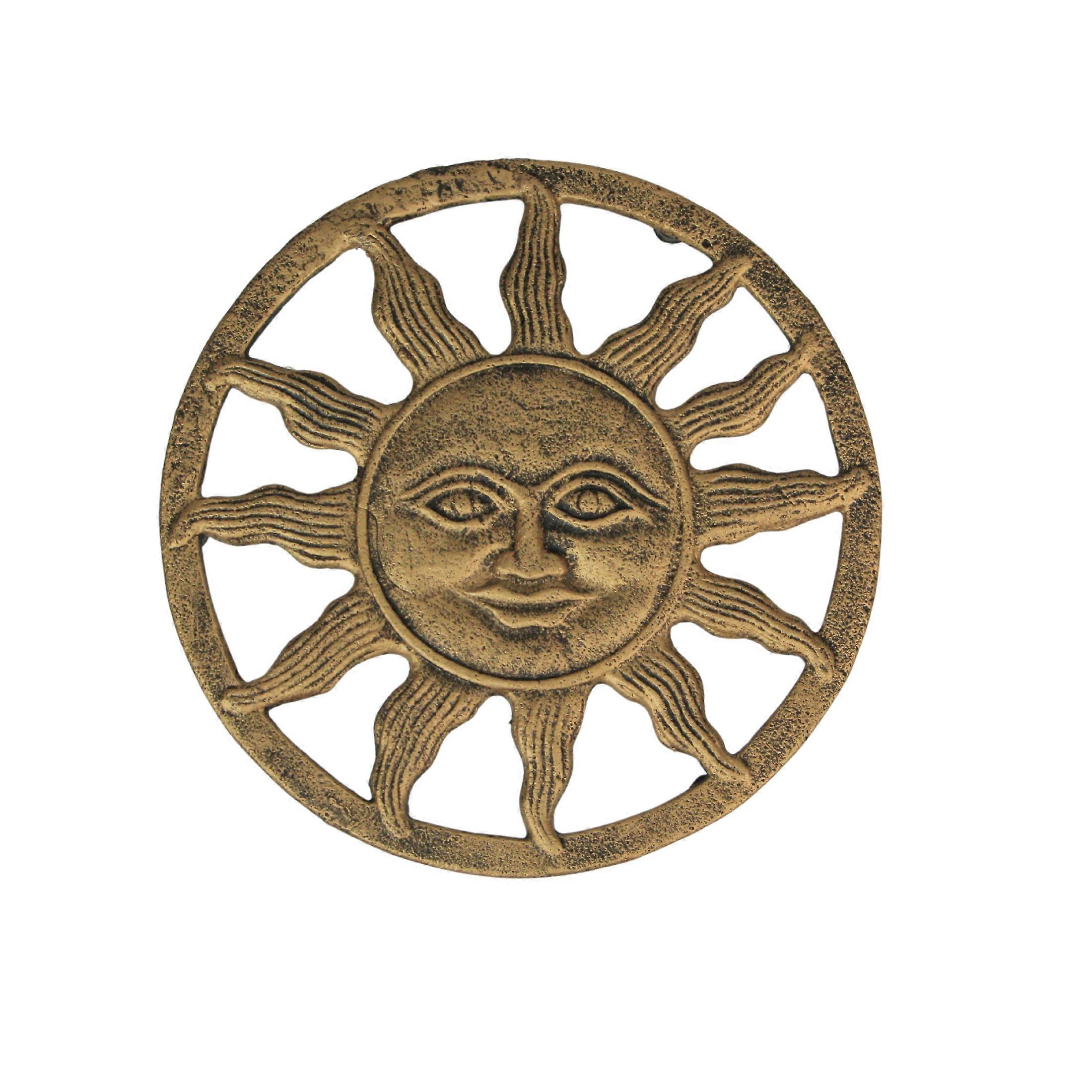 Cast Iron Celestial Sun Face Trivet – Distressed Metallic Gold Finish, 7.75" Diameter, Heat-Resistant and Durable, Perfect for Protecting Surfaces