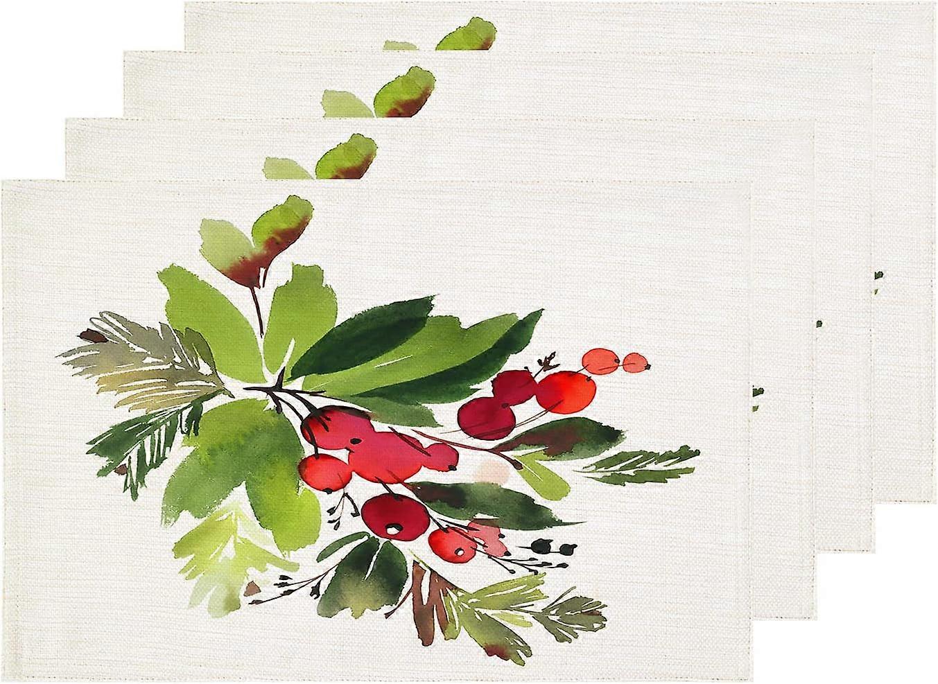Christmas Watercolor Placemats, Merry Christmas Wreath Spruce Berries Table Mat Linen Burlap Washable Double-Deck Heat Insulation for Dining Table Kit
