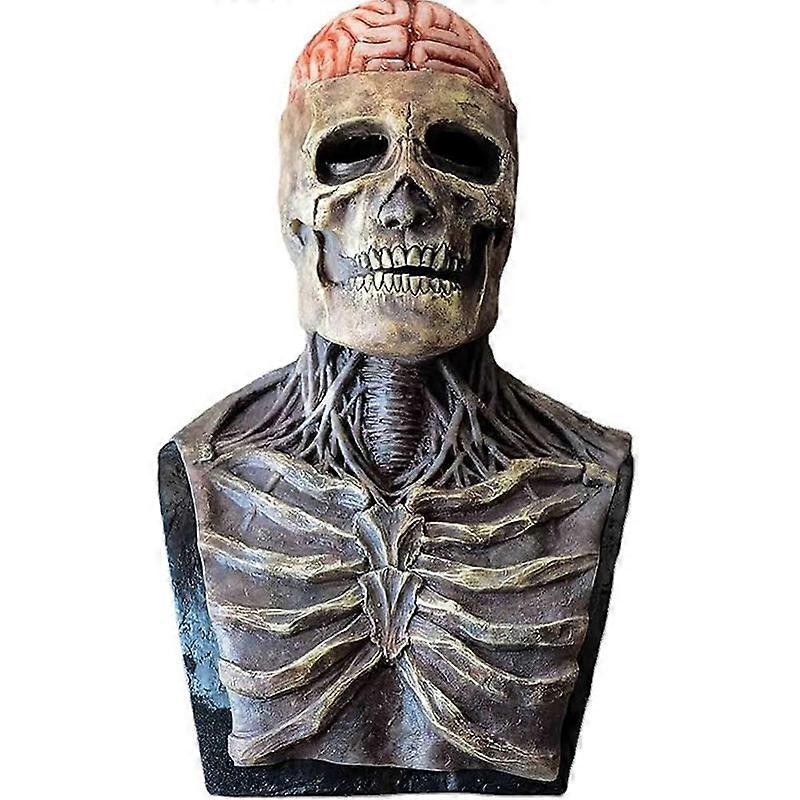 Human Skull Mask With ''Fresh Brain&Movable Jaw''Creepy Zombie Mask Halloween Scary Decorations Full Head Adult