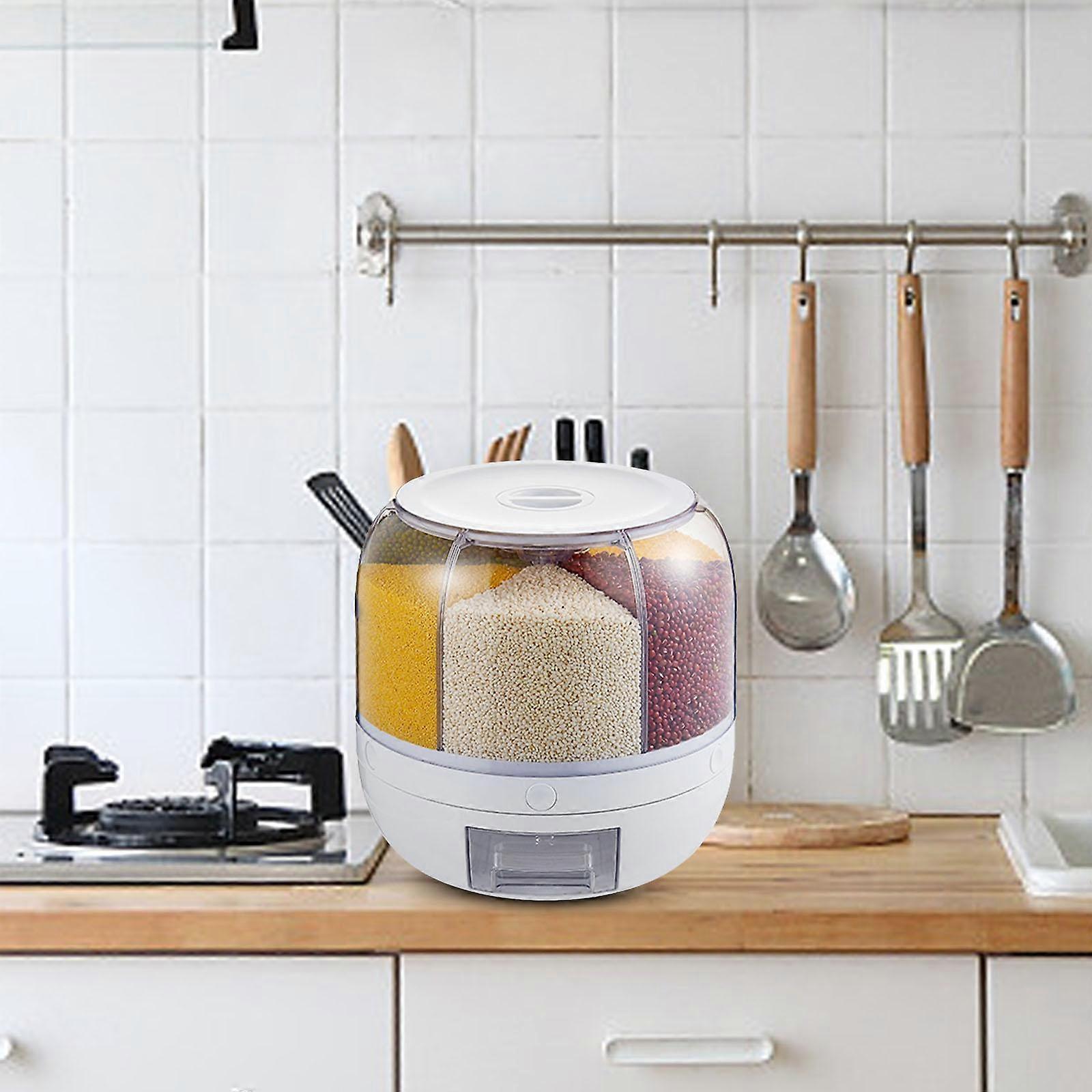 Rice Dispenser Countertop Food Storage Container Case Tank 6 Grids Rotating