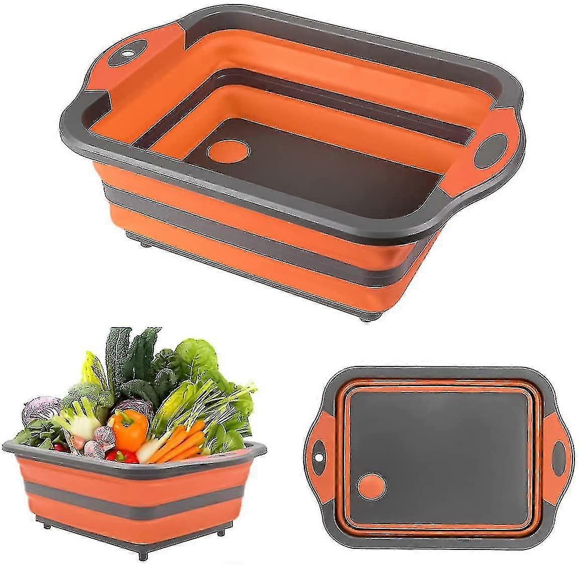 Collapsible Washing Up Bowl And Chop Board With Drain Plug, Foldable Cam Sink, Fruit