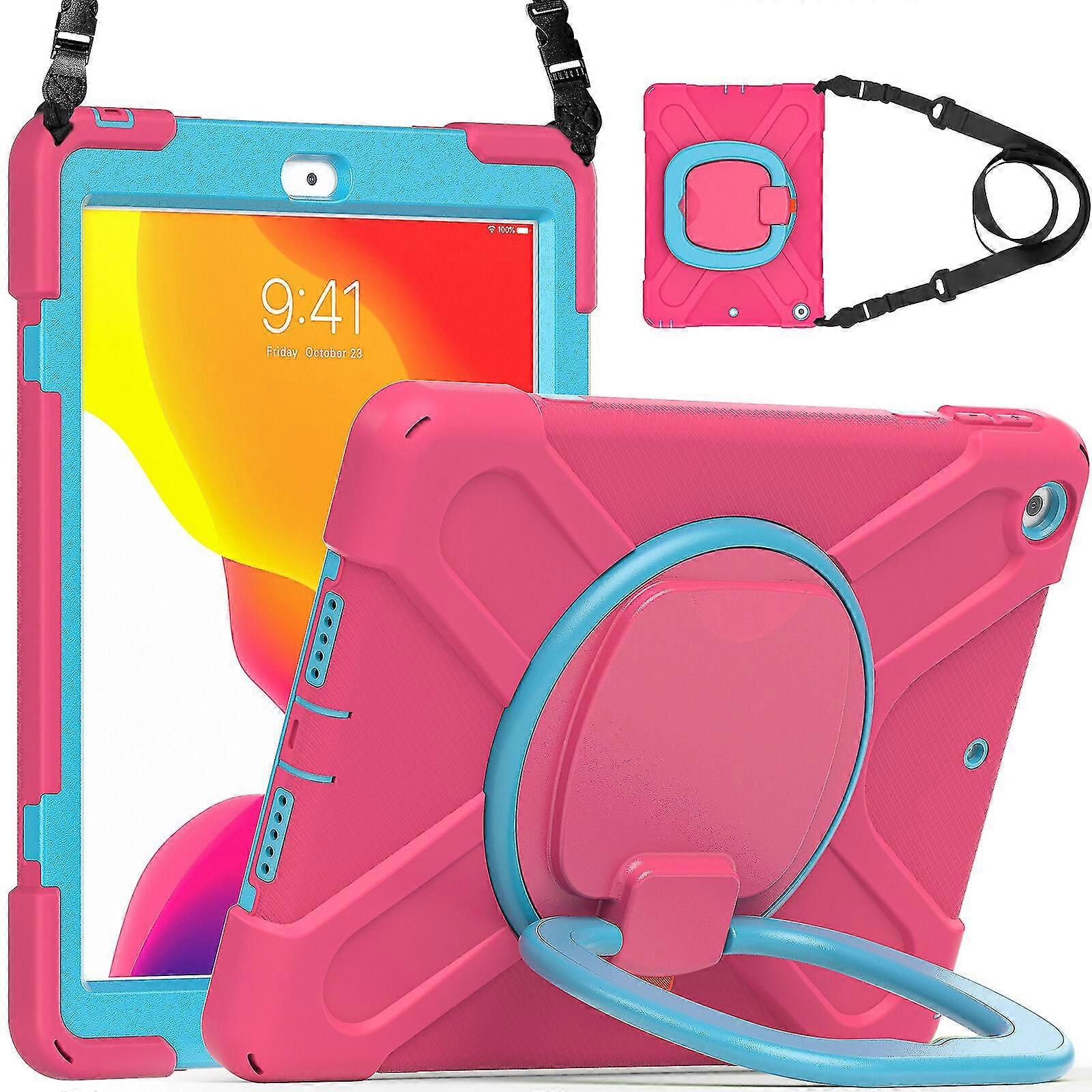 New Color Matching Case For Ipad 10.2 Inch With Shoulder Strap, Big Adjustable Ring Stand, Pen Holder, Shock Protection Cover