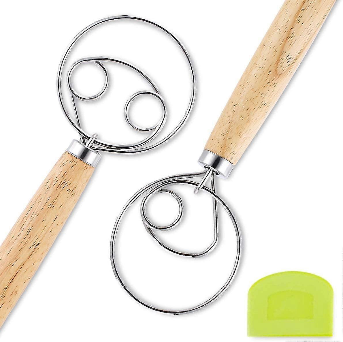 Dansk dejpisker,brøddejspisk, 13" 2 stk. rustfrit stål træ hollandsk piskeris, køkkendej madlavningsværktøjer til brød, wienerbrød, pizzablanding, baki