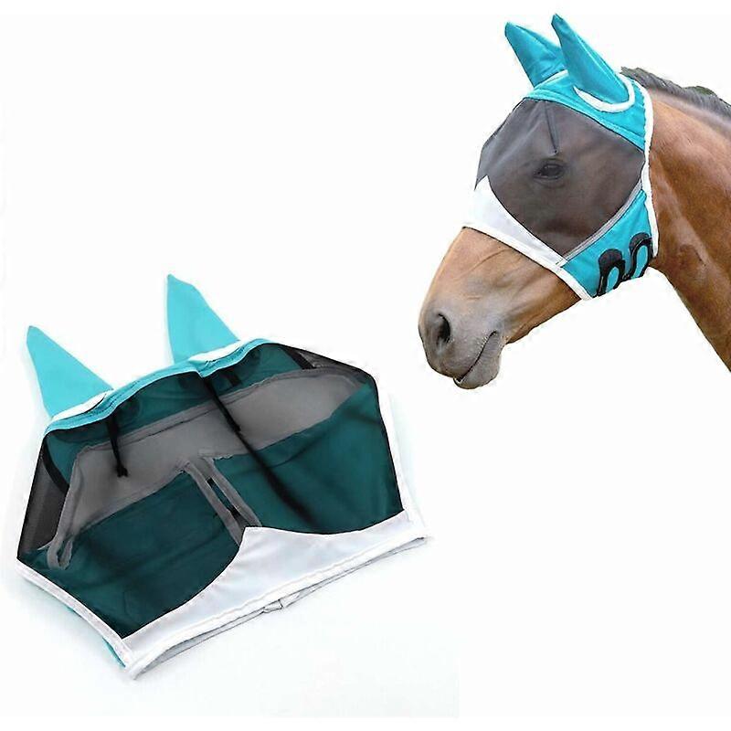 Andiker Horse Fly Mask with Ears Soft Breathable Lycra UV Protection (Green) (L)