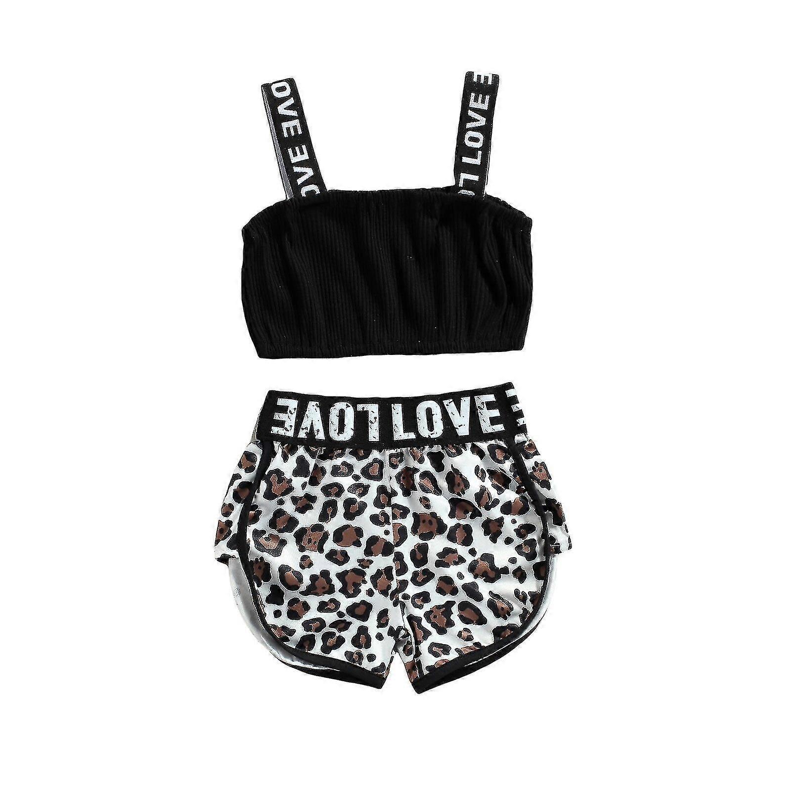 Piger afslappet todelt tøjsæt, bådhals ærmeløse toppe og leopardtrykte mønstershorts, hvid / brun