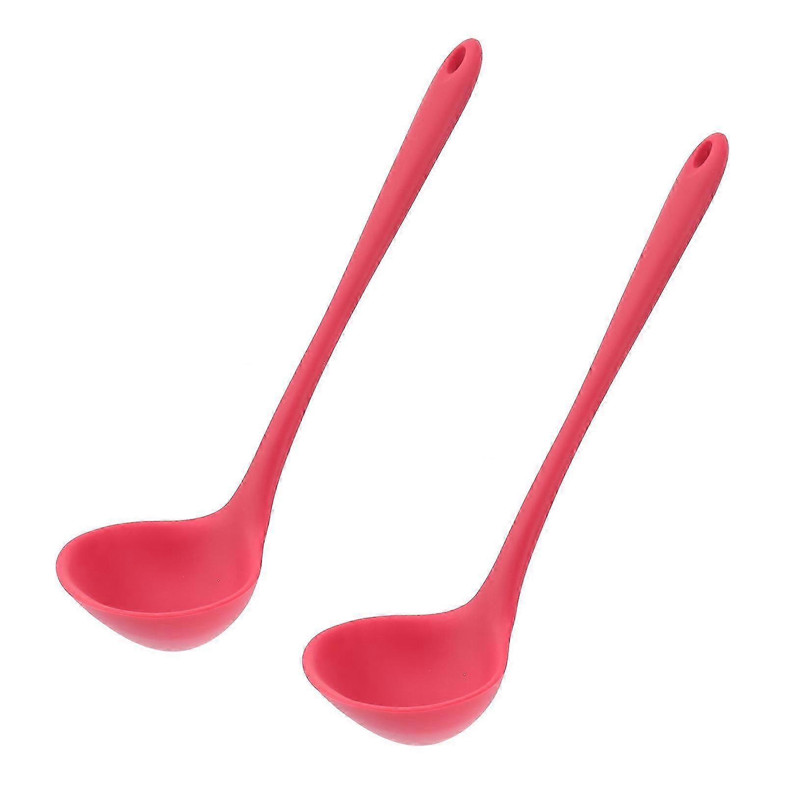 2 Pcs Silicone Soup Spoons Long Handle Hot Pot Scoop Food Serving Spoons (Red)
