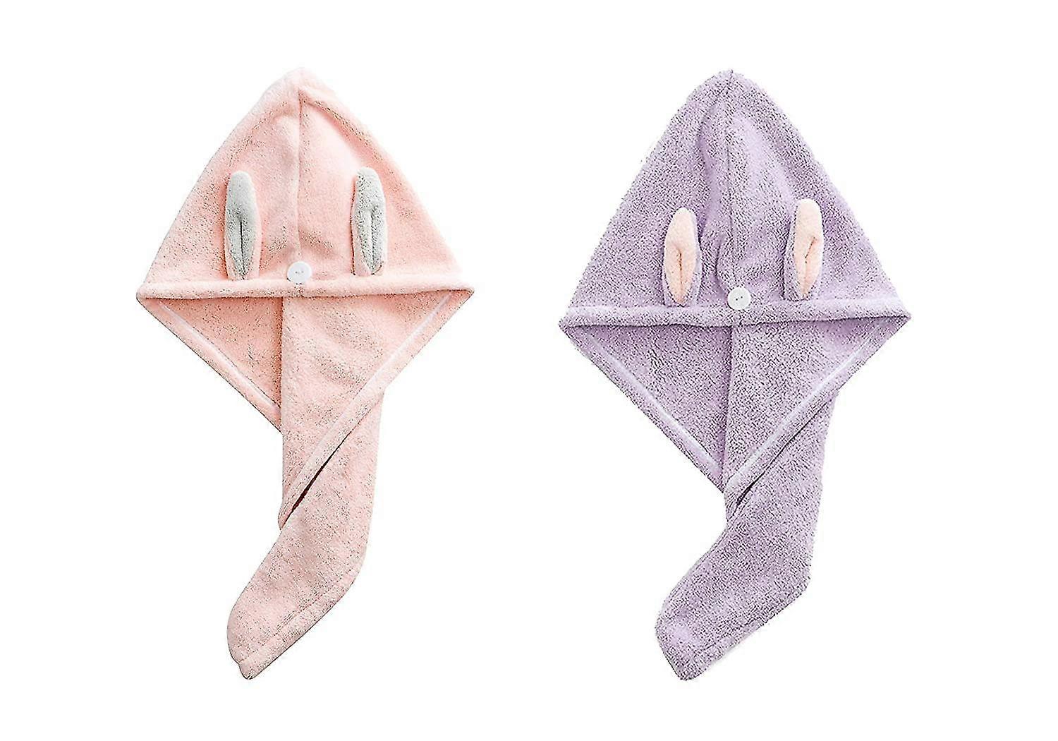 Towel Wrap,(pink+purple) Ears Turban 2 Pack,microfibre Towel, Absorbent,hair Towel With Button, Dry Hat, Wrapped Ba