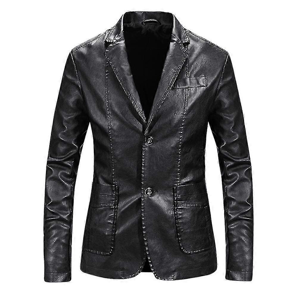 Herren Casual Solid Color Slim Fit Notched Revers Two Button Pu Leder Blazer Jacke