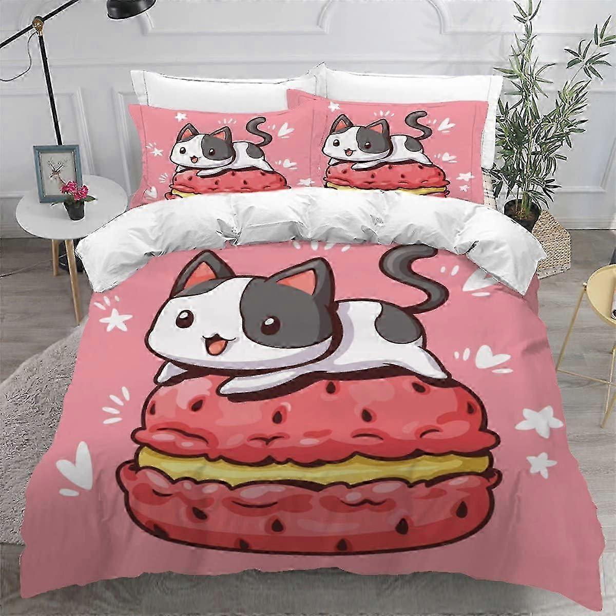 J2424 Lakan King Sängkläder Set Katunge 3d Tryckta Flickor Pojkar Vuxna Mjuk Microfiber Fluffig Andningsbar Påslakanset Rosa Katt Sängkläder Storlek med