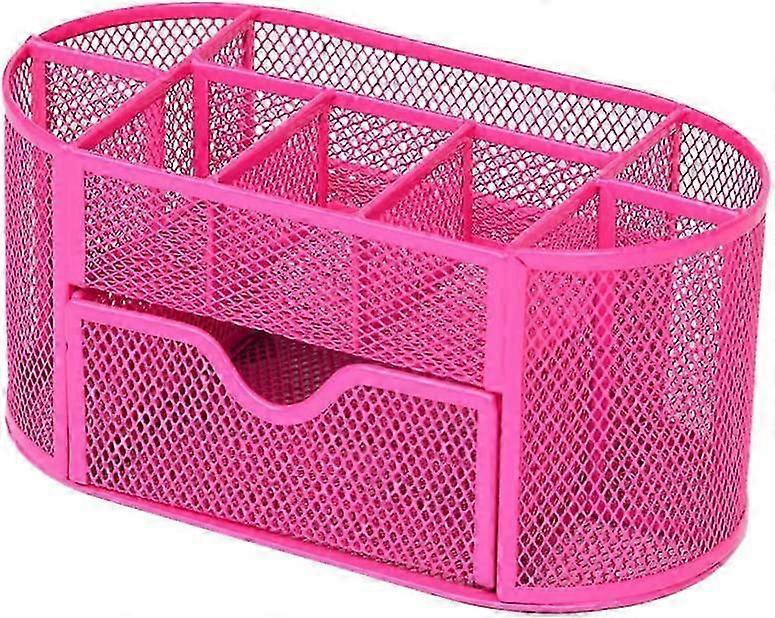 Mesh Desk Office Organizer with Drawer Storage, Multifunction Pen Holder (Red)