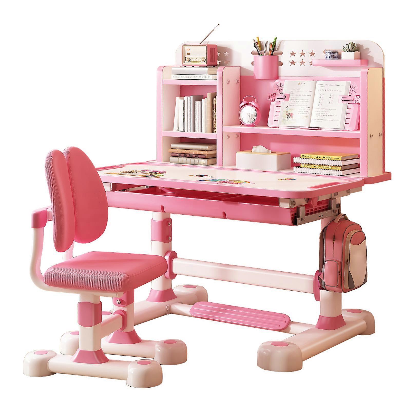 Kids Desk and Chair Set, Height Adjustable Kids Study Table and Chair Set with Sitting Corrector, Spacious Drawer, and Dual Back Support
