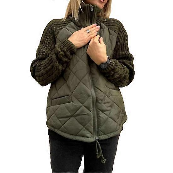 Women Winter Coat Stand Collar Neck Protection Knitted Patchwork Drawstring Hem Zipper Closure