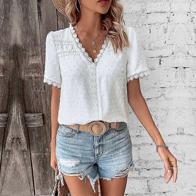 YYFS Women's Fashion Casual Solid Color Print Short Sleeve V-Neck Blouses & Shirts