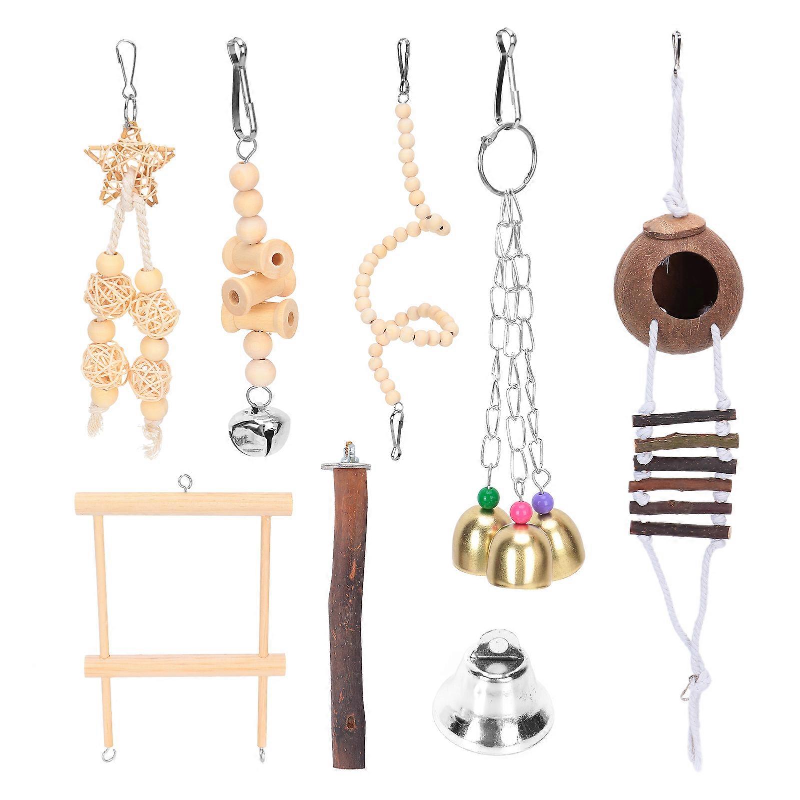 7 Pcs Parakeet Toy Set with Coconut Shell House, Swing, Bell, and Wooden Beads for Small Pet Birds