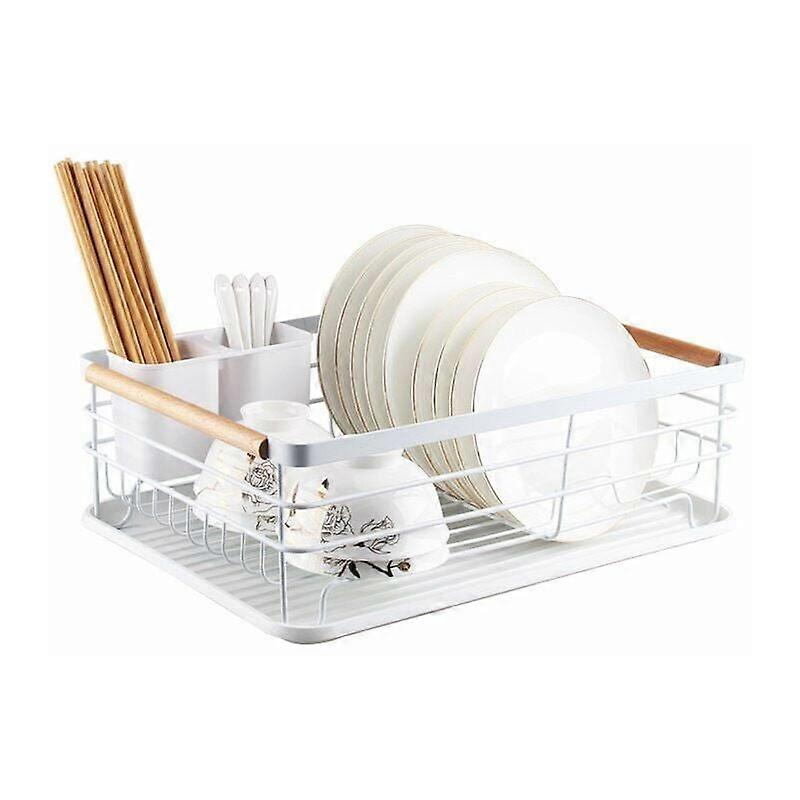 Space-Saving Dish Drying Rack With Removable Drain Tray For Efficient Water Drainage On Your Kitchen Countertop, White Beech Wood Handles And