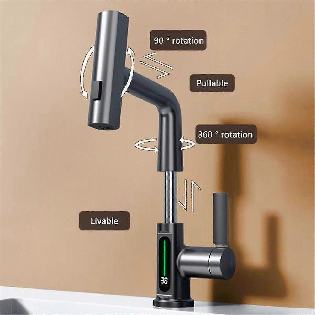 Rainfall Pull-out Kitchen Bathroom Faucet with Digital Temperature Display in Black