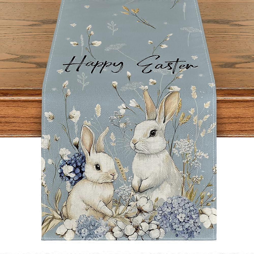 Bunny Hydrangea Happy Easter Table Runner 13x72 Inch, Spring Kitchen Table Decor For Home And Party