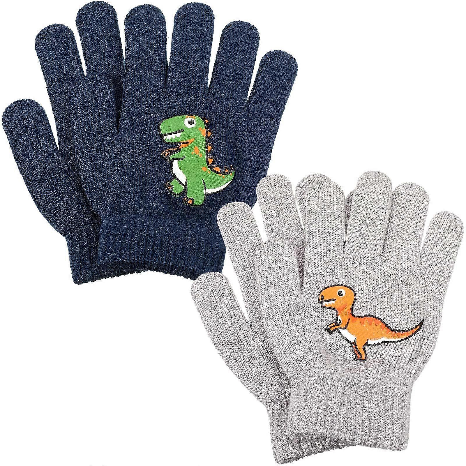 2 Pairs of Knitted Winter Gloves Magic Stretch Soft Warm Full Finger Kids Dinosaur Pattern for Boys Girls, Navy and Gray, 6 x 3.34 inches