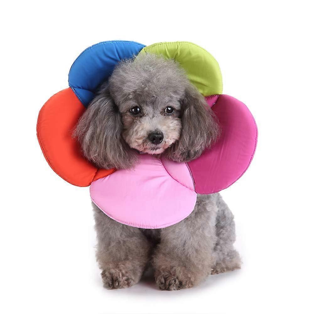 Dog Cone E-Collar Flower Soft Elizabethan Waterproof Recovery Collar for Small Medium Dogs 13-15in Rainbow Design