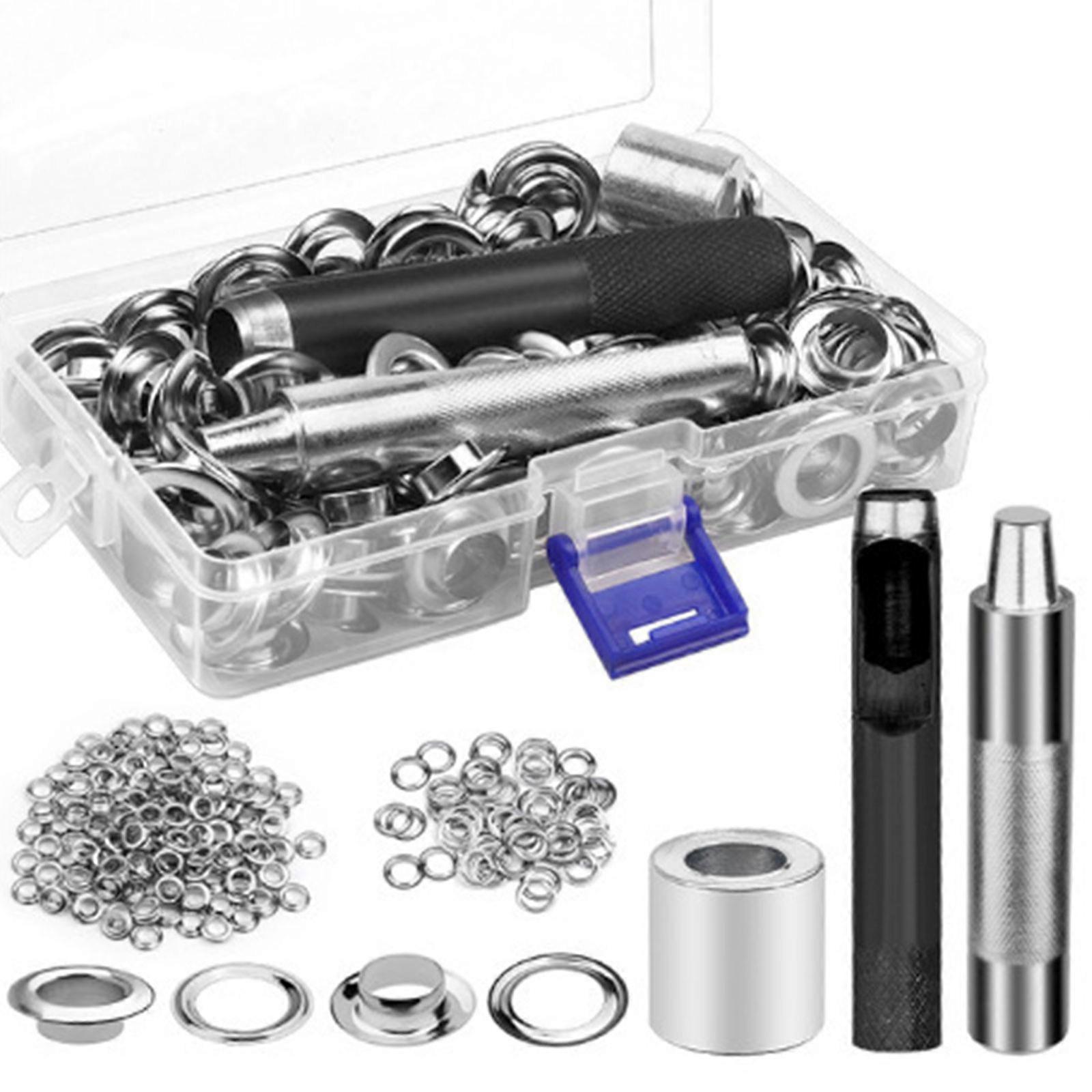 Grommet Tool Kits med förvaringslåda 12mm Grommet Öljetter Brickor Set för Kläder Skor Väska Läder Hantverk Silver