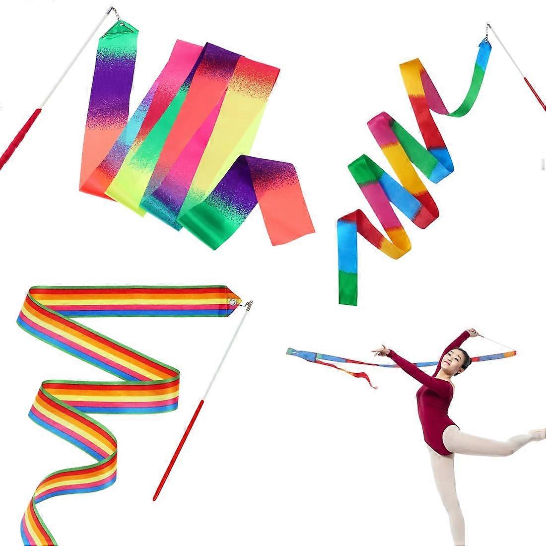 Rhythmic Gymnastics Band, 3 Premium Bands with Rod, Rainbow, 2m