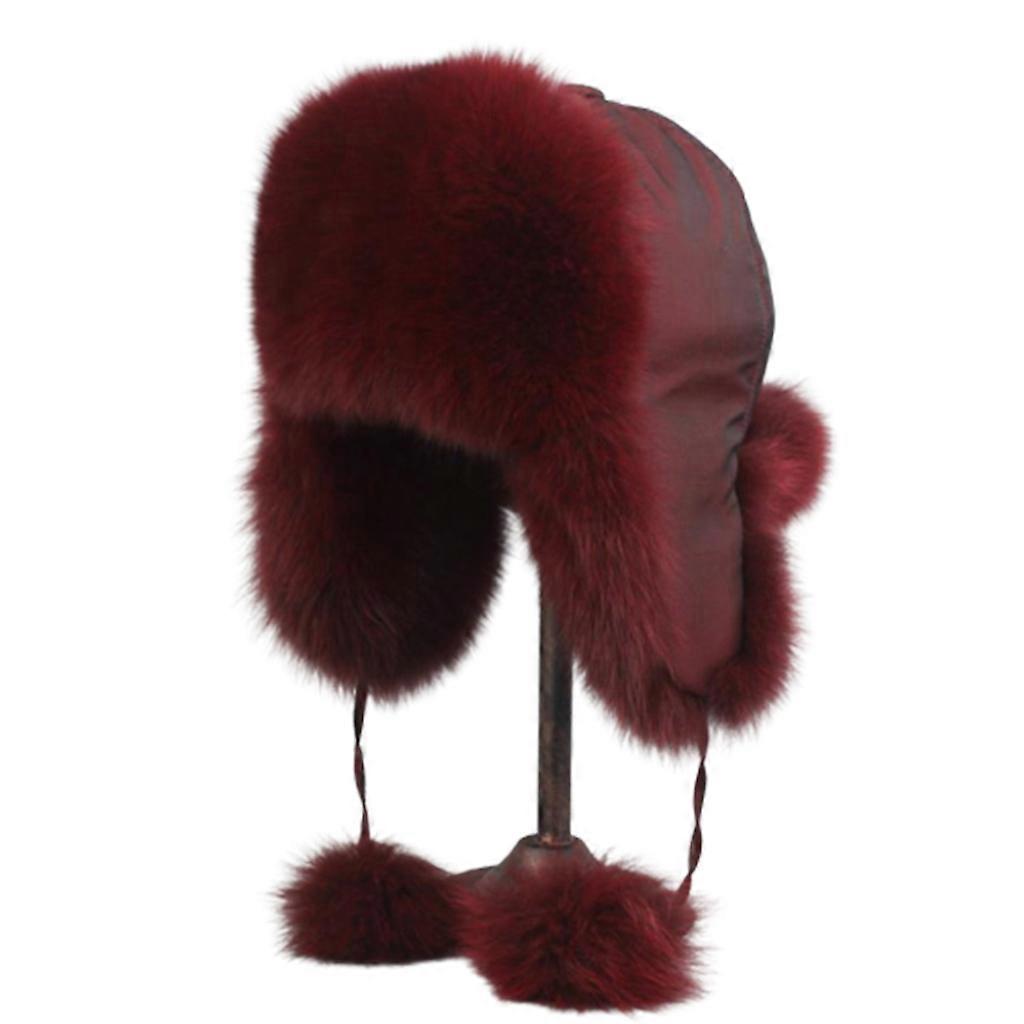 Russian Warm Hat Ear Protect Winter Hats Daily Bomber Fur Caps with Ear Flaps Hat with Pom Pom Assorted Colors Red wine
