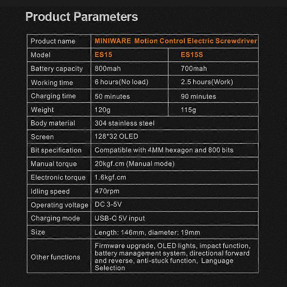 MINIWARE ES15S Intelligent Motion Sensing Control Electric Screwdriver Handheld Portable Screwdriver Cordless OLED Display Screwdriver with LED Illum