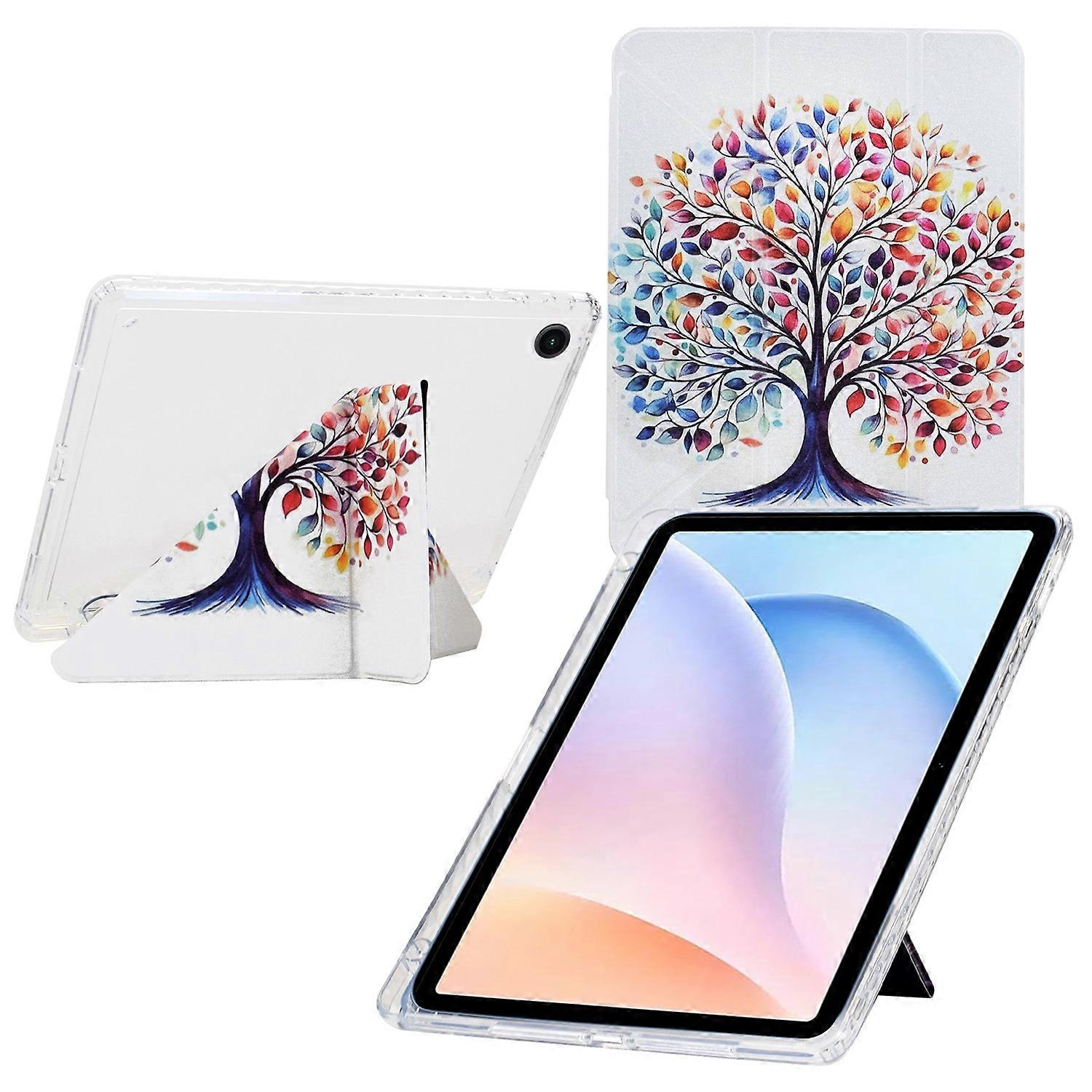 For Samsung Galaxy Tab A9+ Case Y-Fold Stand Pattern Print Leather Clear Acrylic Tablet Cover with P