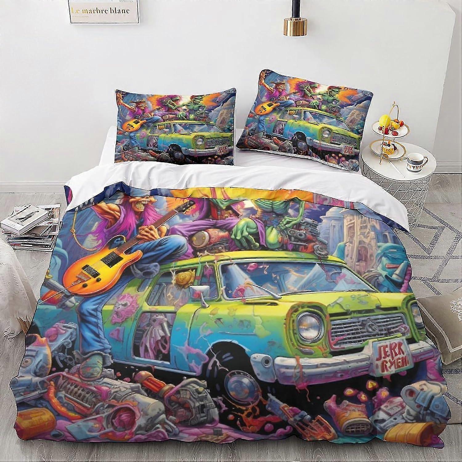 Vintage Car Bedding Set 3 Pieces, Soft Microfiber 3D Cartoon Pattern Quilt Cover with Pillow Cases and Zipper Closure