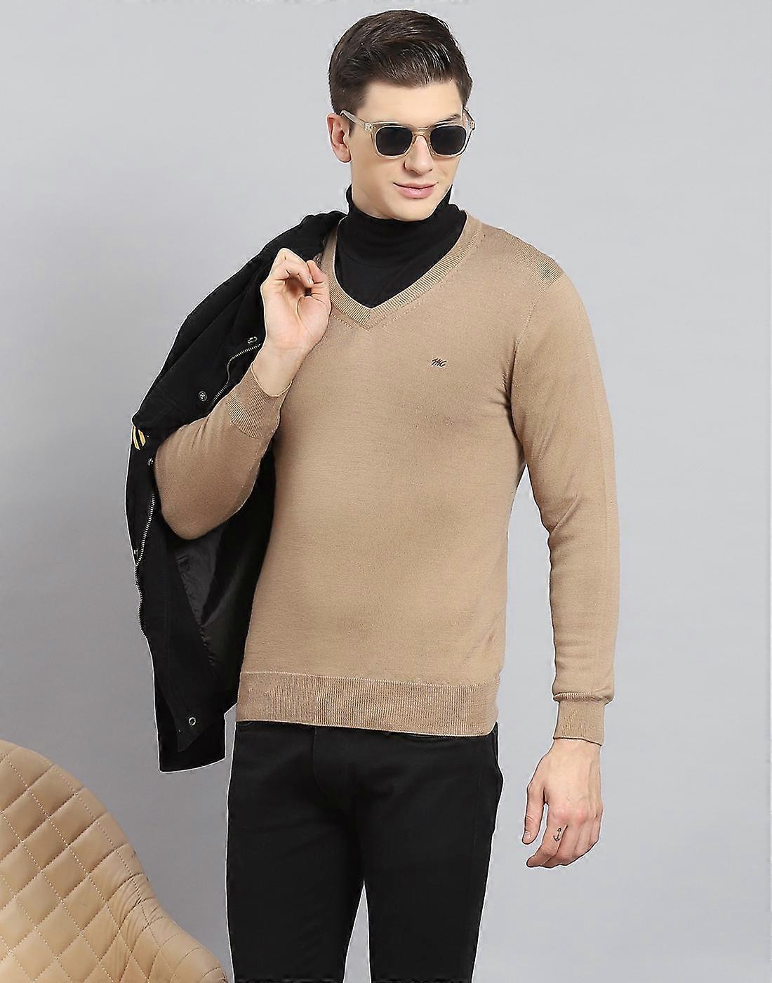 Monte Carlo Mens Khaki Solid V Neck Full Sleeve Pullover
