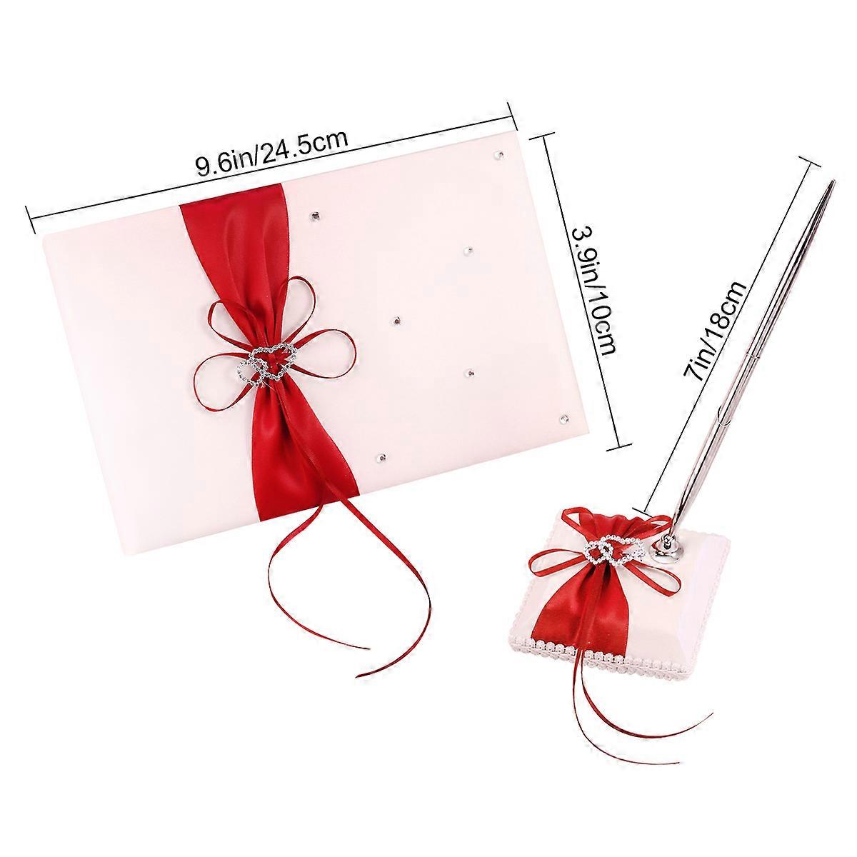 Weddings Decor Guest Attendance Book with Pen and Pen Stand Sets Satin Bows Signature Book for Party Decorations (Red)