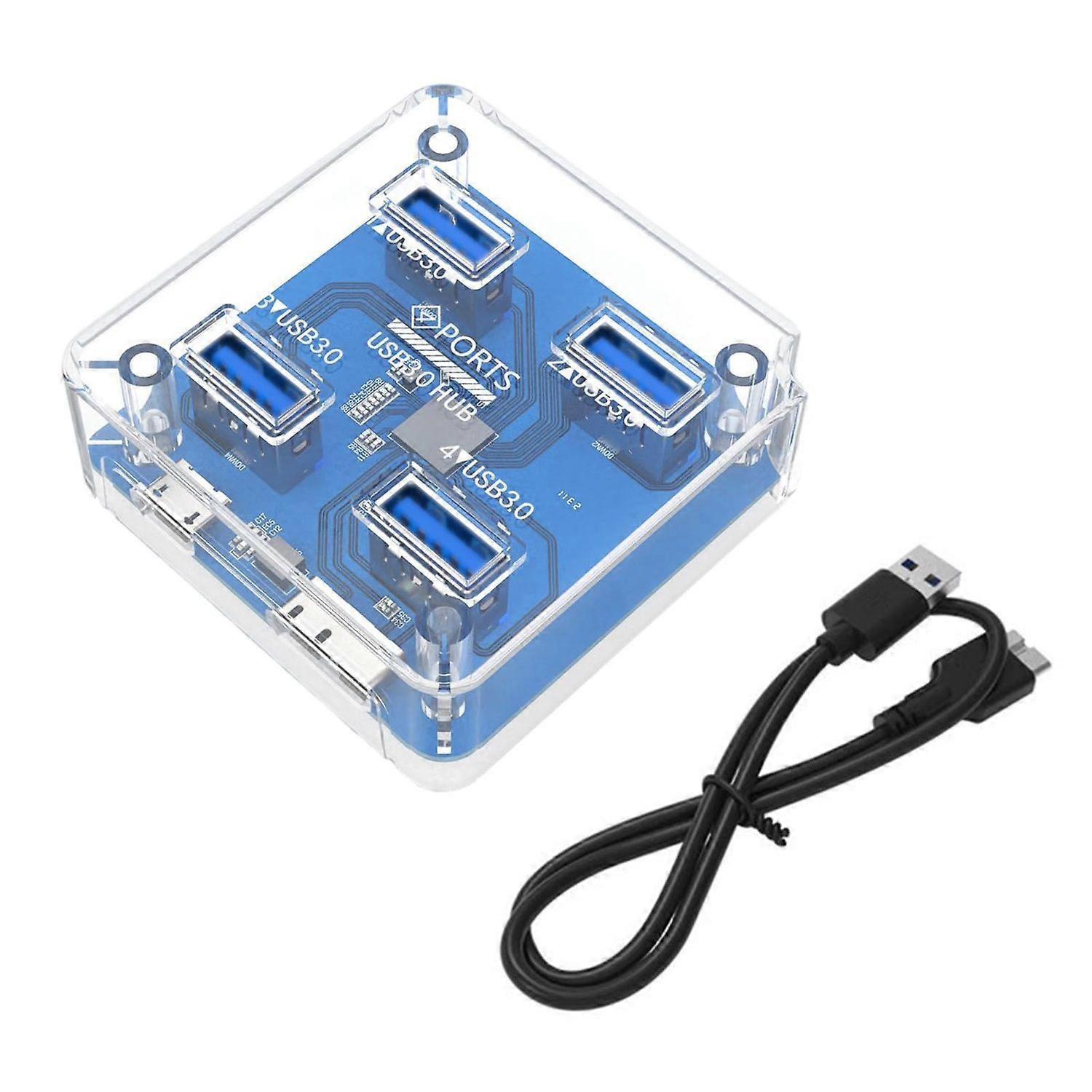 Transparent USB C Hub 4 Port Expansion with Power Supply USB3.0 5Gbps High Speed Transmission OTG Adapter(Blue)