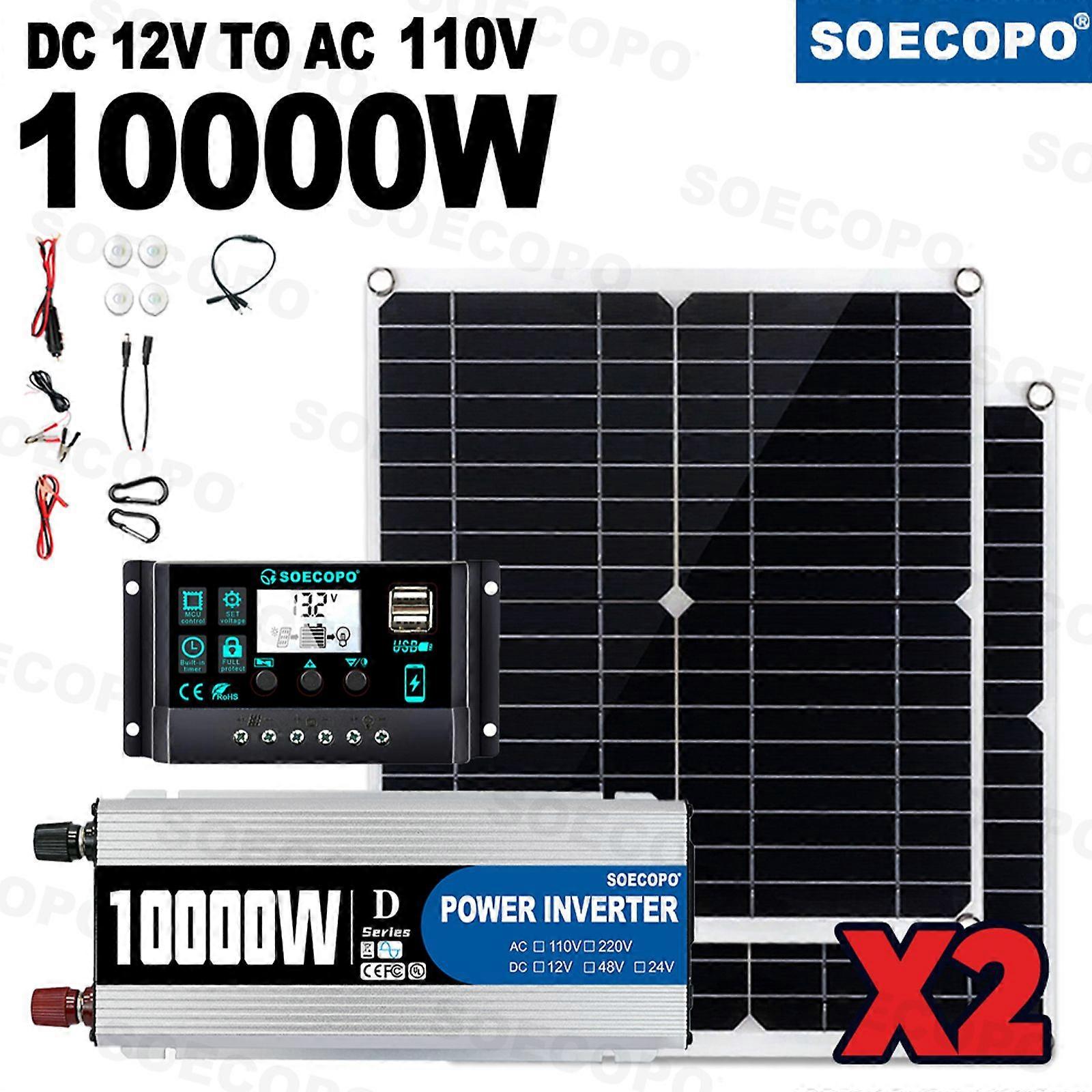 10,000W High-Power Solar System Kit | 12V Input to 110V/220V Output | 2 Solar Panels + Controller