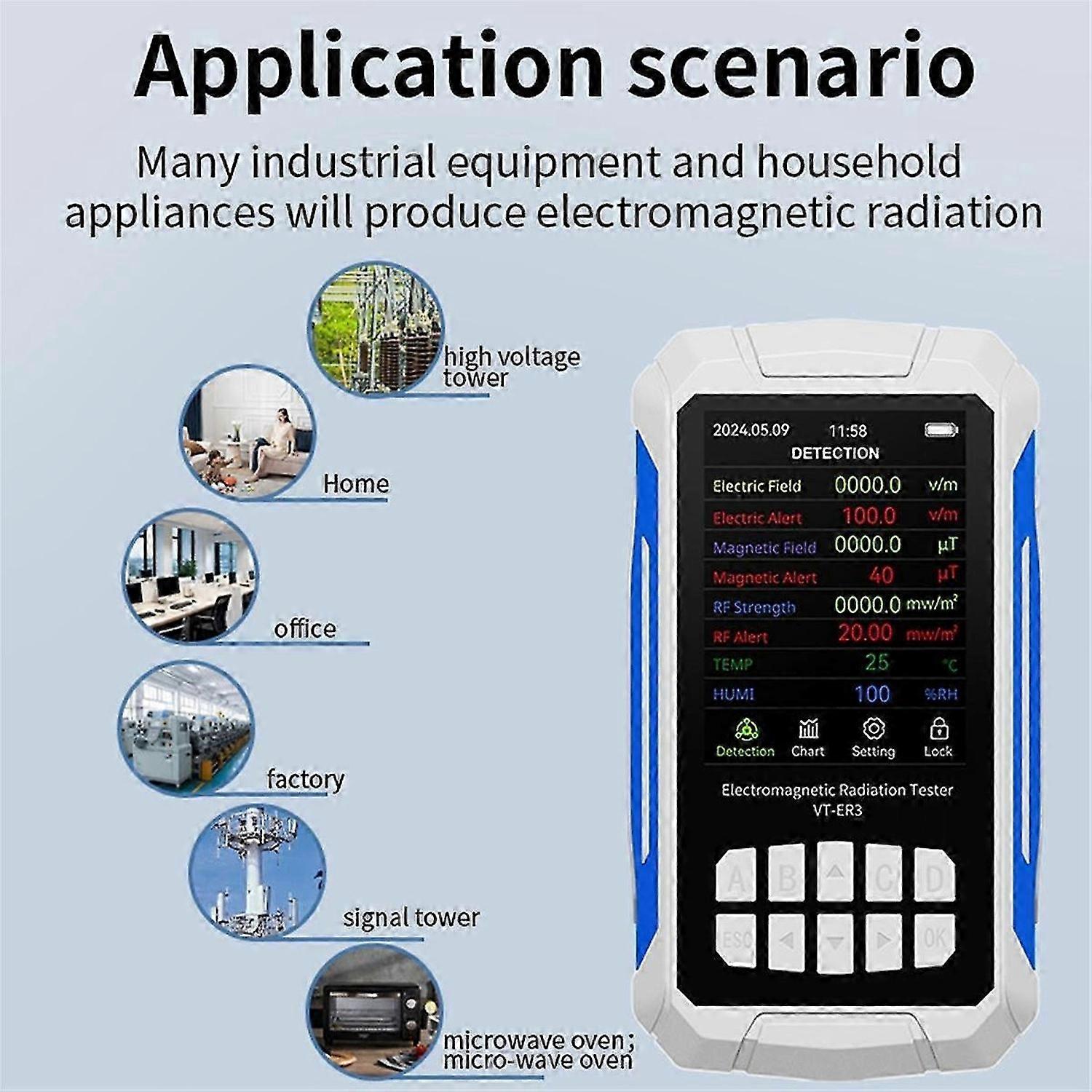 -ER3 5-in-1 Electromagnetic Radiation Detector-RF&Electric Field Testing with Temperature & Humidity Measurement White