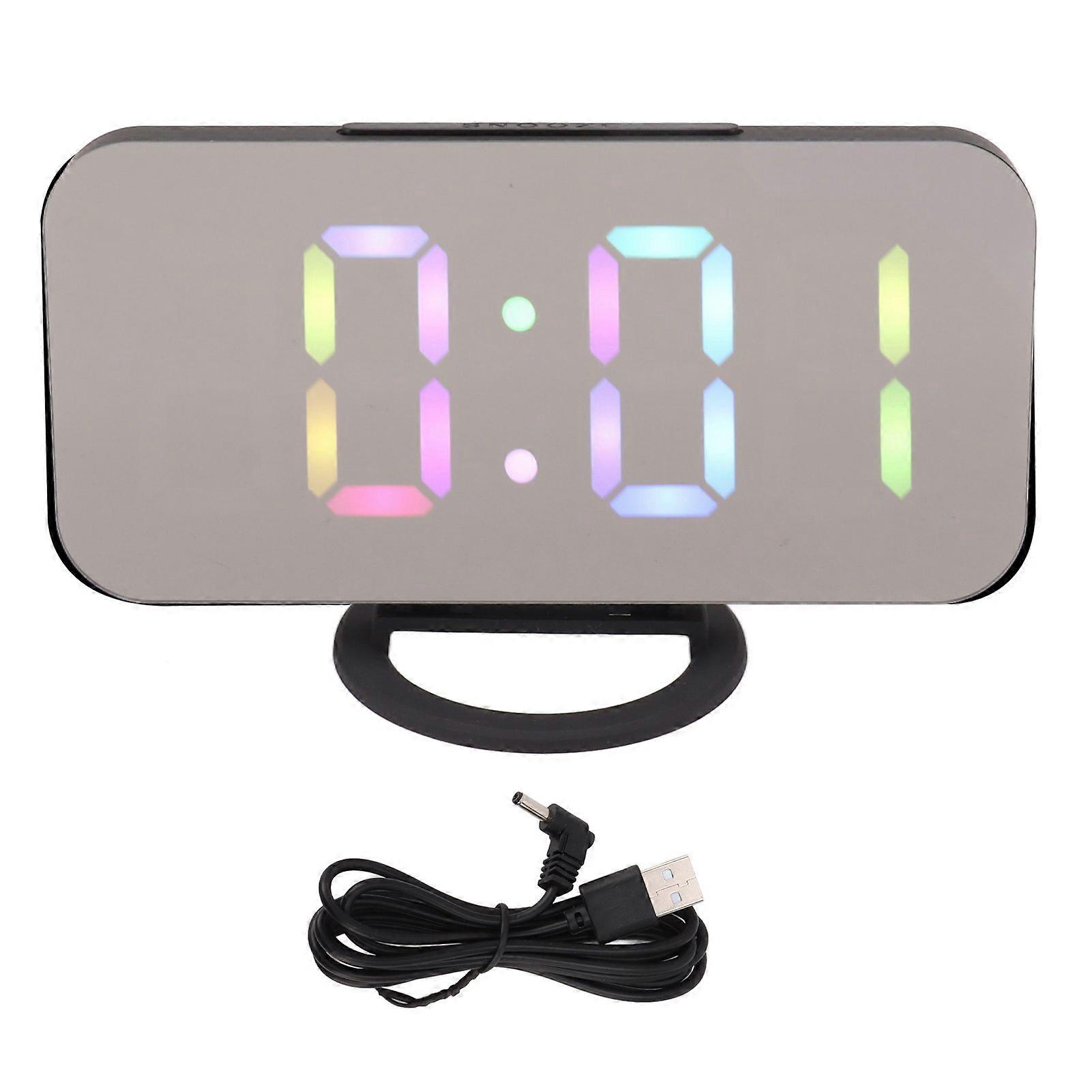 LED Mirror Digital Alarm Clock Large Adjustable Brightness Colorful RGB Display Beside Digital Clock with Dual USB Ports Black