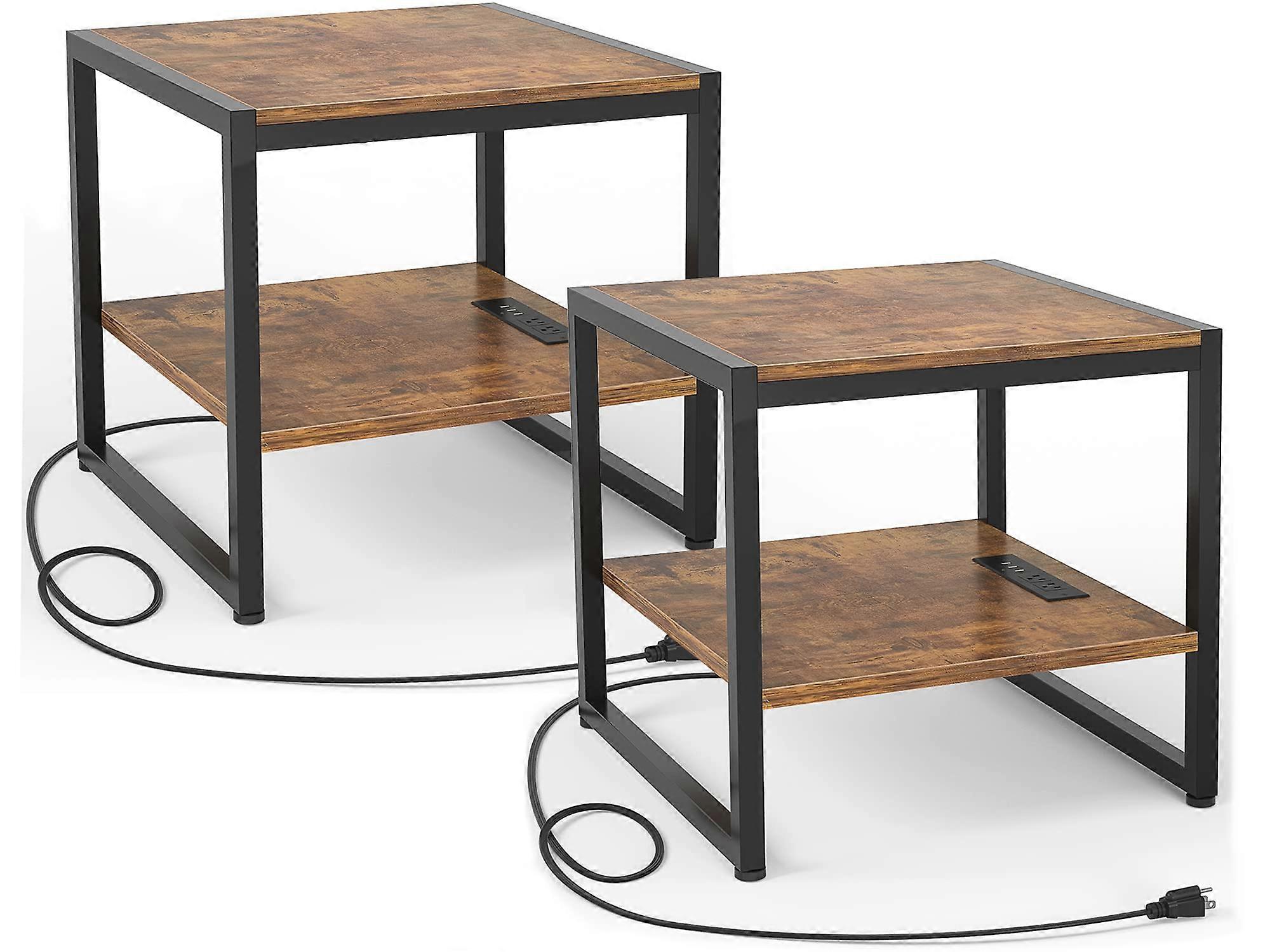 End Table With Charging Station, 20Inch Square Side Table, USB Ports Power Outlets, Rustic Brown 2Pack