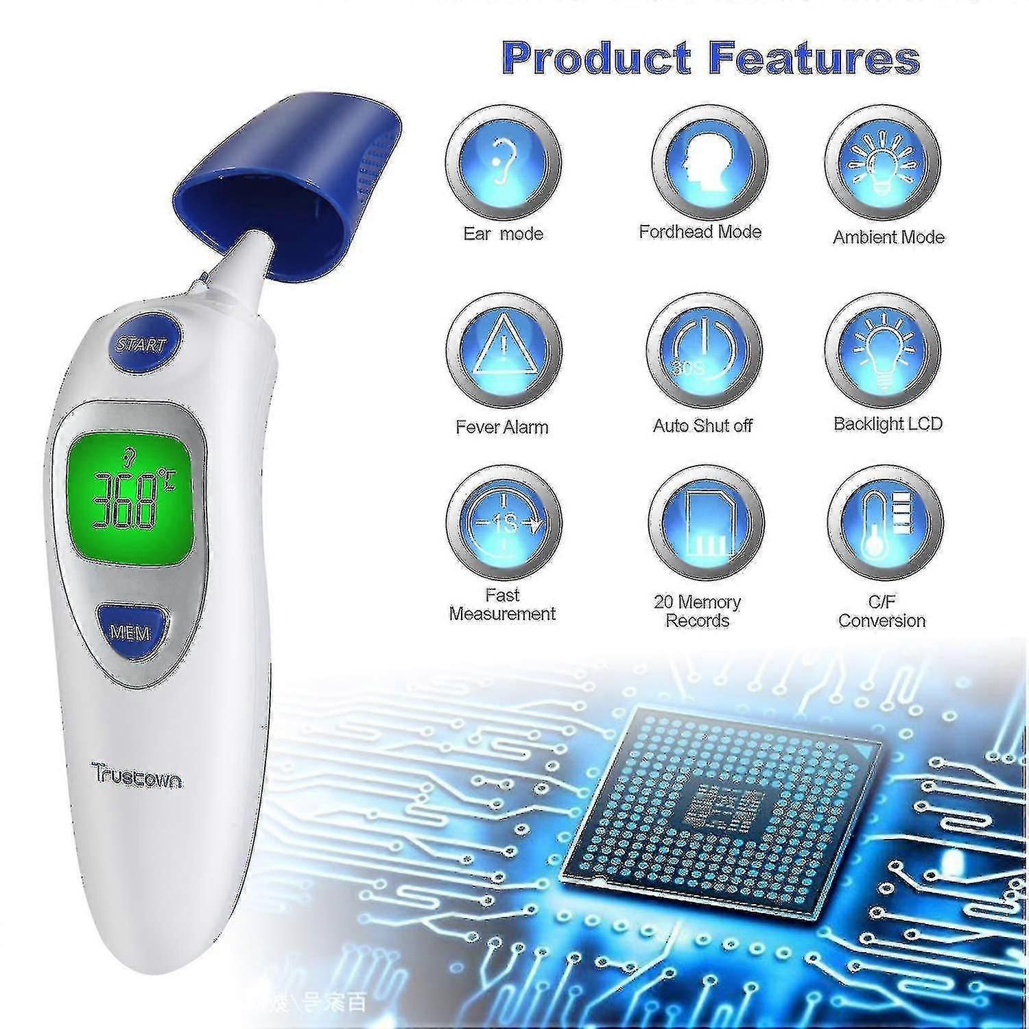 מדחום מצח רפואי ללא מגע ומדחום אוזניים דיגיטלי אינפרא אדום-ksize