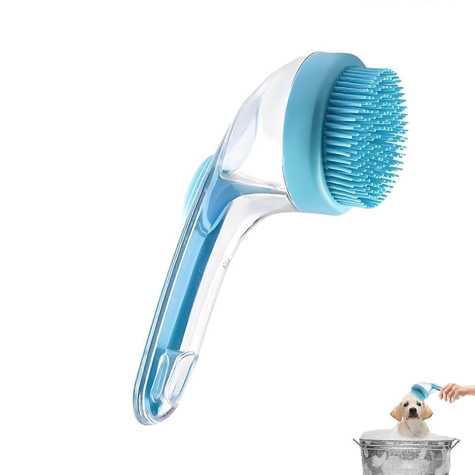 Pet Bath Brush Long Handle With Shampoo Dispenser For Dogs Blue