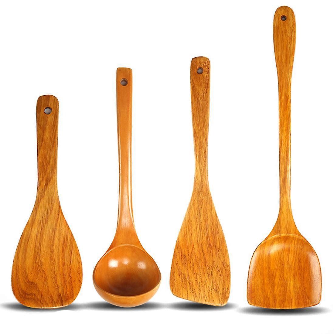 4 قطع أواني المطبخ الخشبية مجرفة الخشب مجموعة أداة مجرفة طويلة