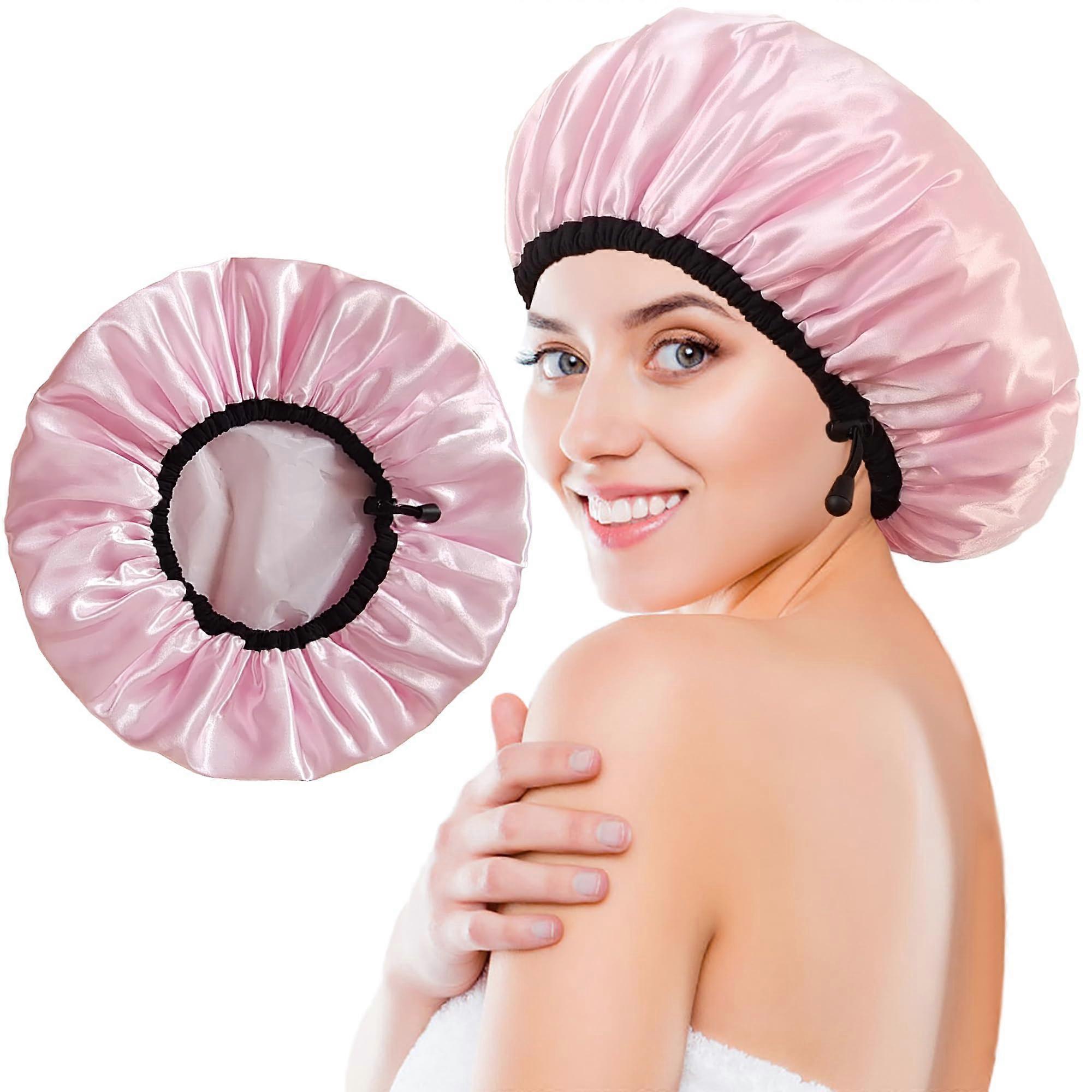 Shower Cap for Women Large Reusable Waterproof Elastic Band Silky Satin DoubleLayer Bath Cap for Braids Long Hair Set D