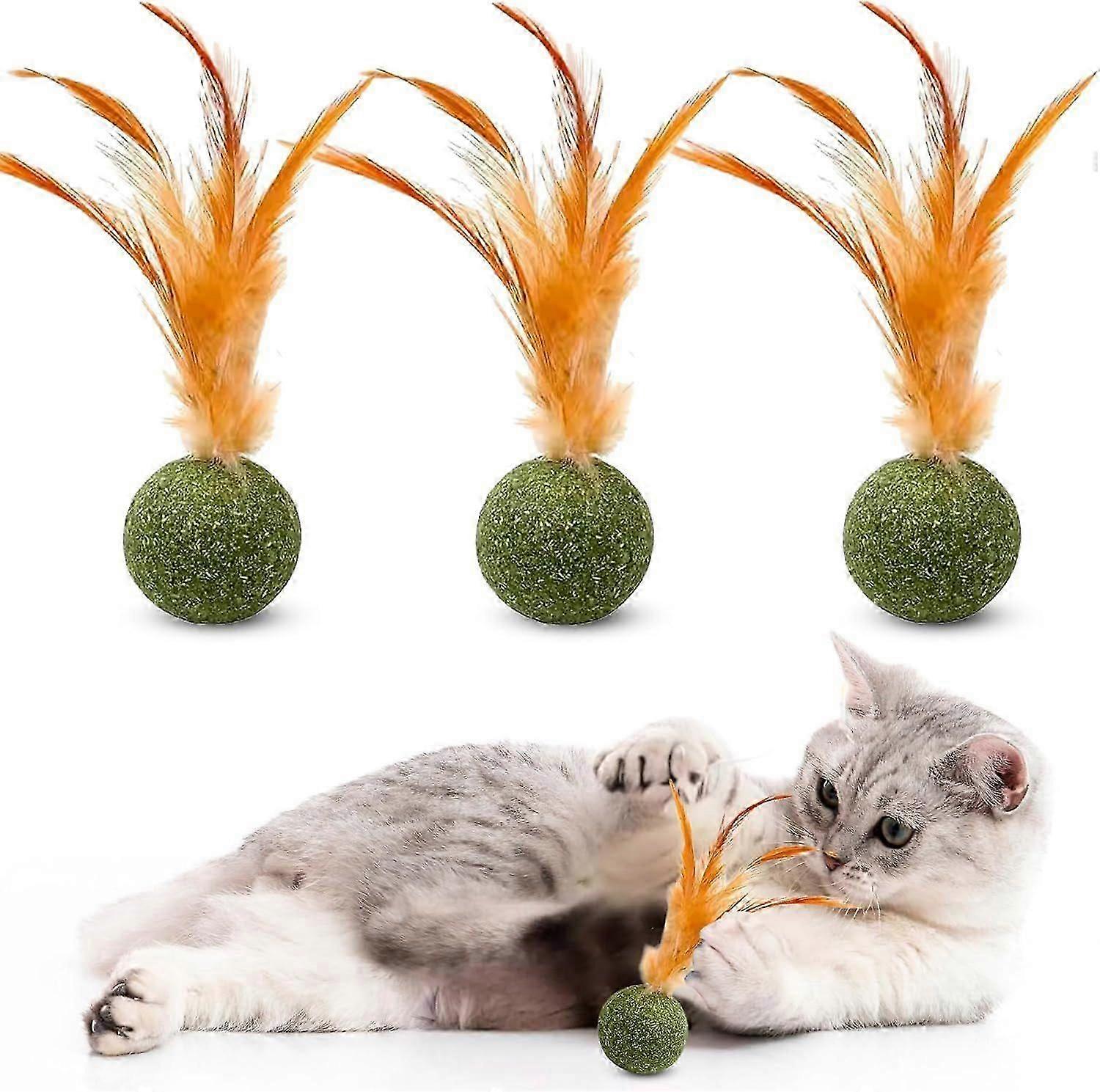 3 Catnip Balls with Feathers - Natural Catnip Toy for Play, Stress Relief & Healthy Enrichment Interactive Cat Toys Perfect for Indoor Cats & Kitte