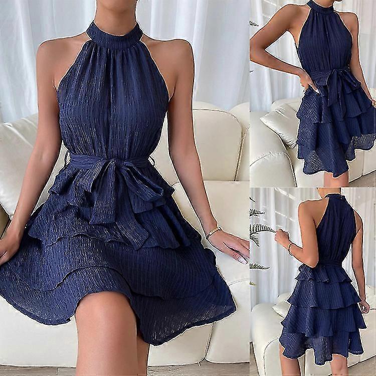 Frühling und Sommer Damen Patchwork ärmelloses Rüschenkleid