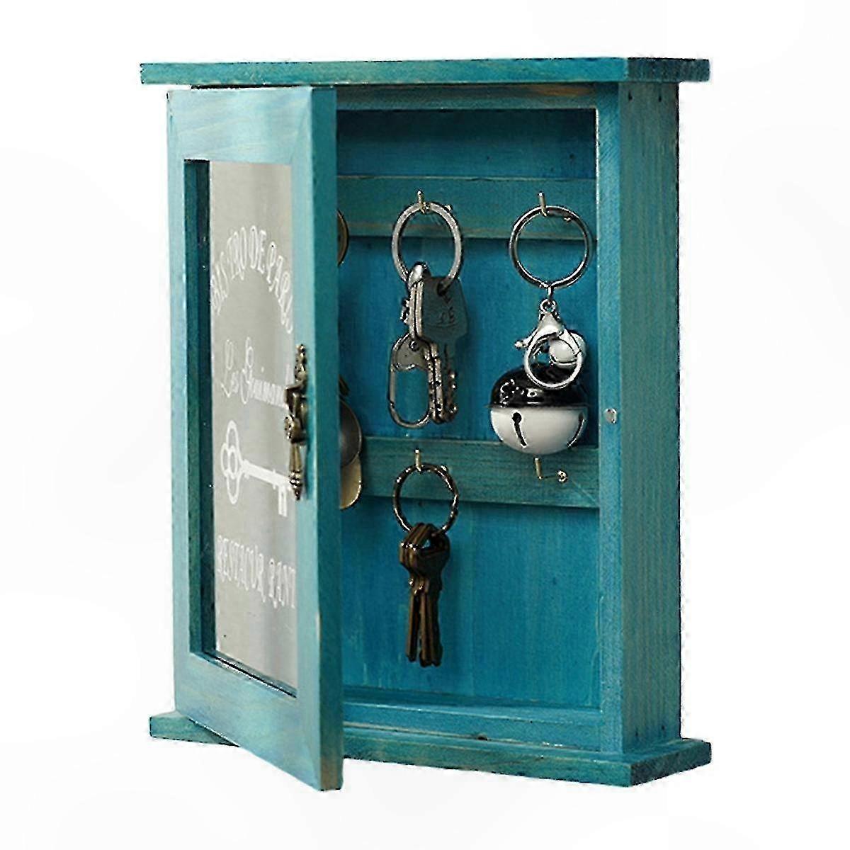 Rustic Wall-Mounted Key Organizer with Magnetic Door and 6 Hooks, Durable Solid Wood Storage Cabinet for Home or Office