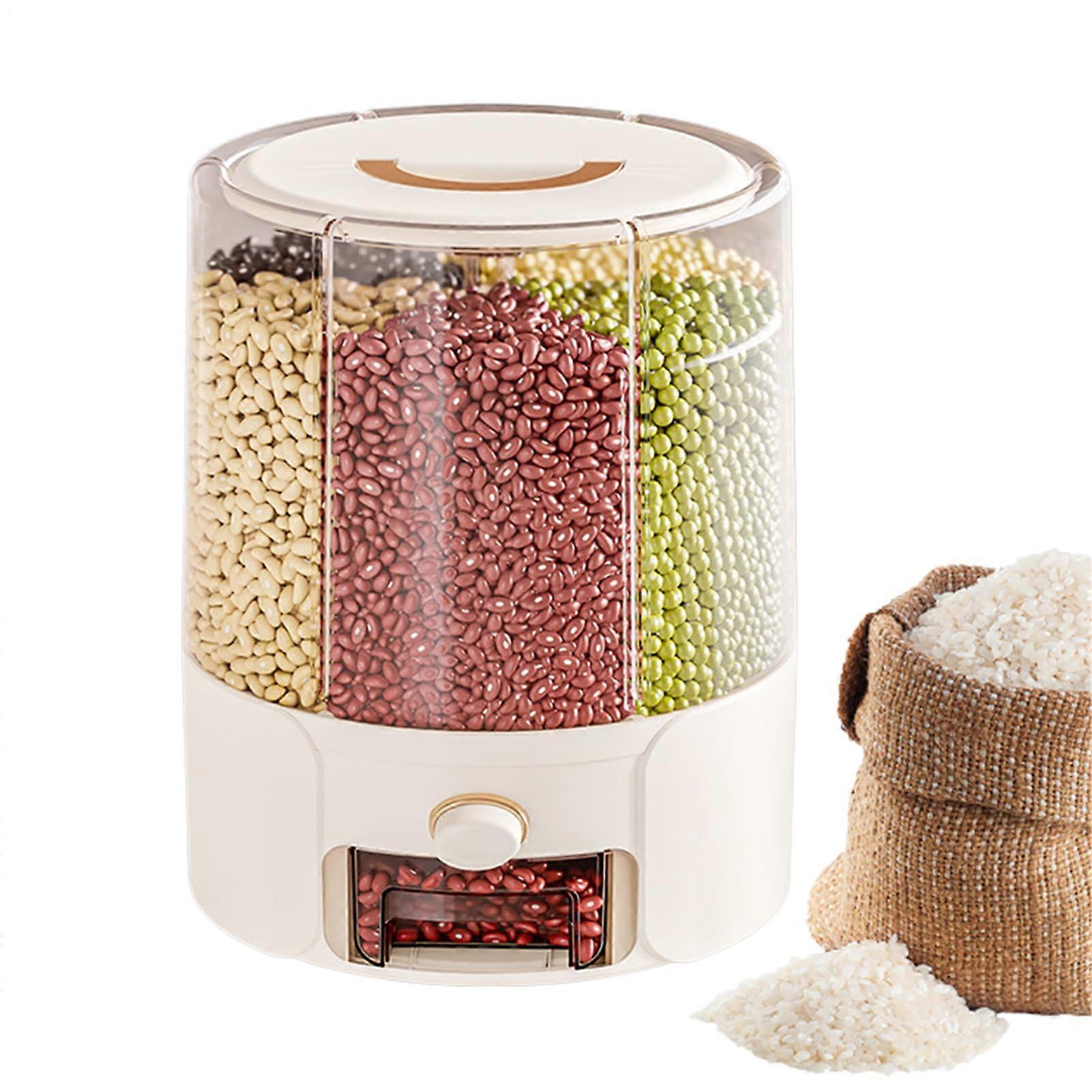 Rice Dispenser Storage Container - Airtight Anti-Gnat Barrel with Dividers for Grains Oats Flour 5.5L Rotatable Moisture Control