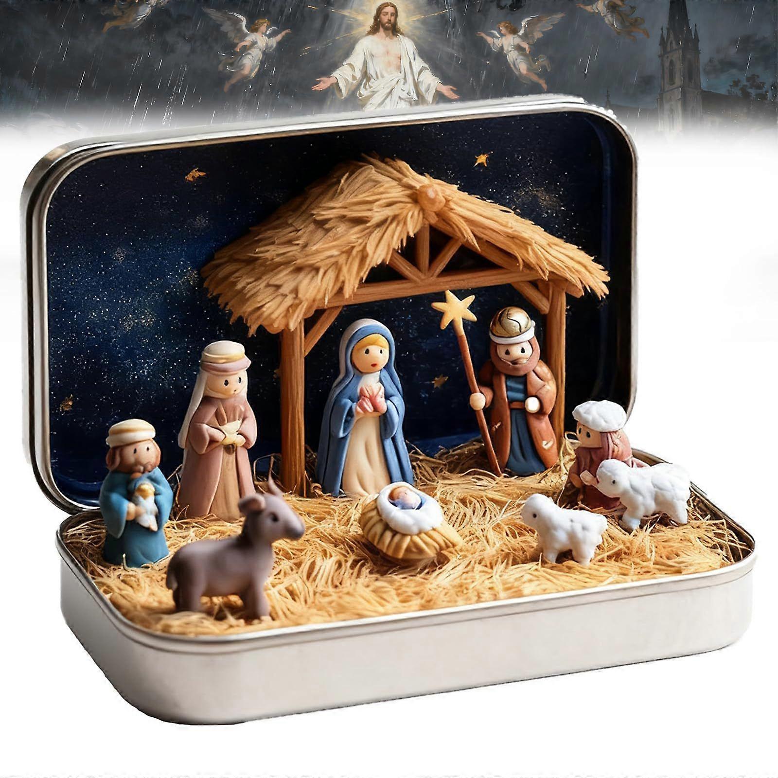 Pocket Size Nativity Set in Tin, Mini Christmas Manger Scene Ornament